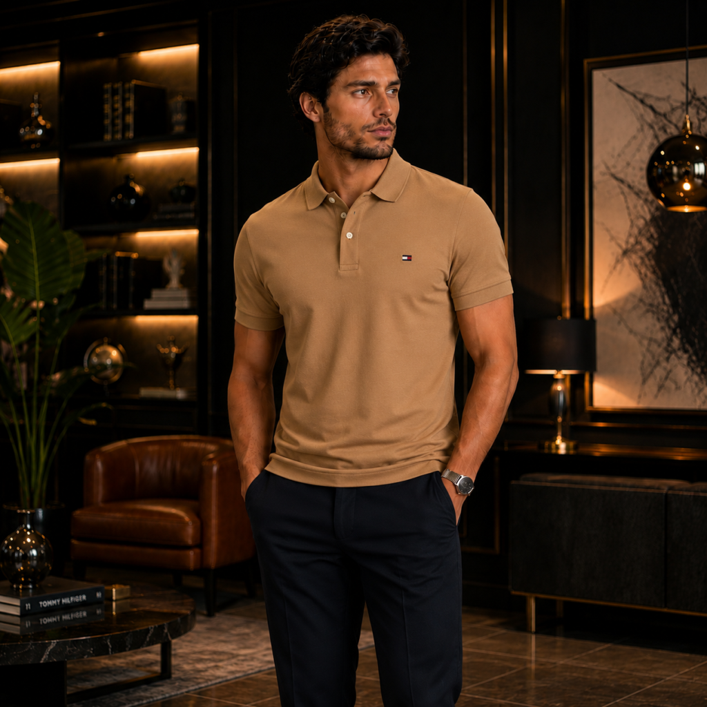 Homem usando polo Tommy Hilfiger Slim Fit marrom